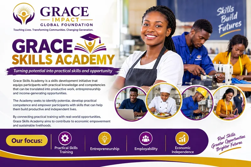 Grace Skills Academy poster: a smiling young woman in an apron in a training workshop, with trainees in computing, catering, technical work and tailoring. Its focus: practical skills training, entrepreneurship, employability and economic independence.