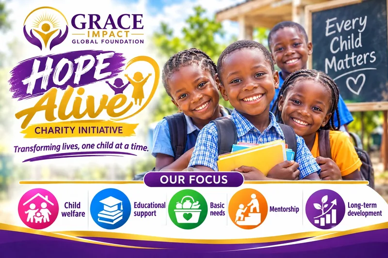 Hope Alive Charity Initiative poster: smiling schoolchildren with backpacks and books in front of a chalkboard that reads “Every Child Matters”. Its focus: child welfare, educational support, basic needs, mentorship and long-term development.