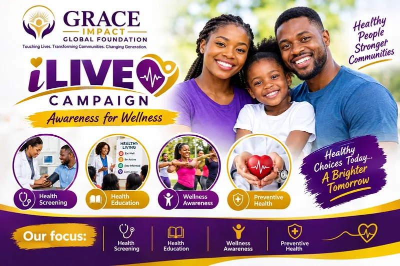 iLIVE Campaign poster: a smiling family of three, with scenes of a blood pressure check, a health talk and an outdoor exercise class. Its focus: health screening, health education, wellness awareness and preventive health.
