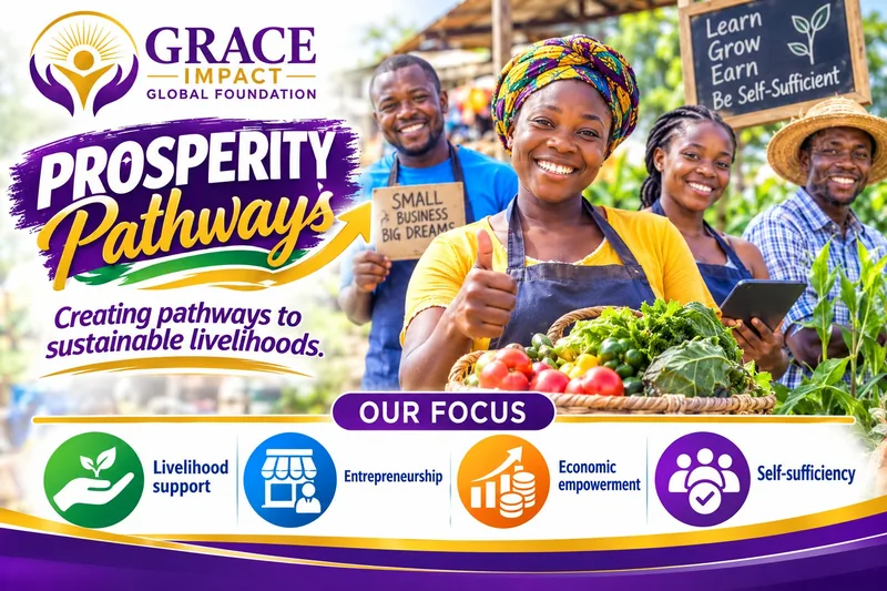 Prosperity Pathways poster: a smiling market trader gives a thumbs up behind a basket of vegetables, with fellow traders and a farmer. Its focus: livelihood support, entrepreneurship, economic empowerment and self-sufficiency.